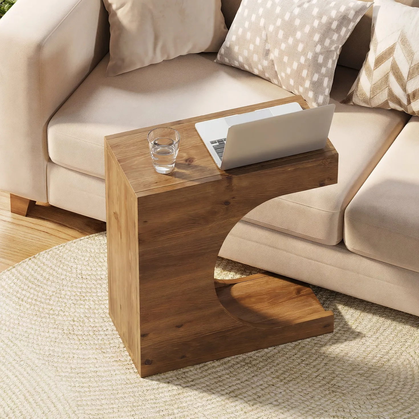 23.6" C-Shaped End Table, Modern Solid Wood Side Table Nightstand with 2-Tier Storage