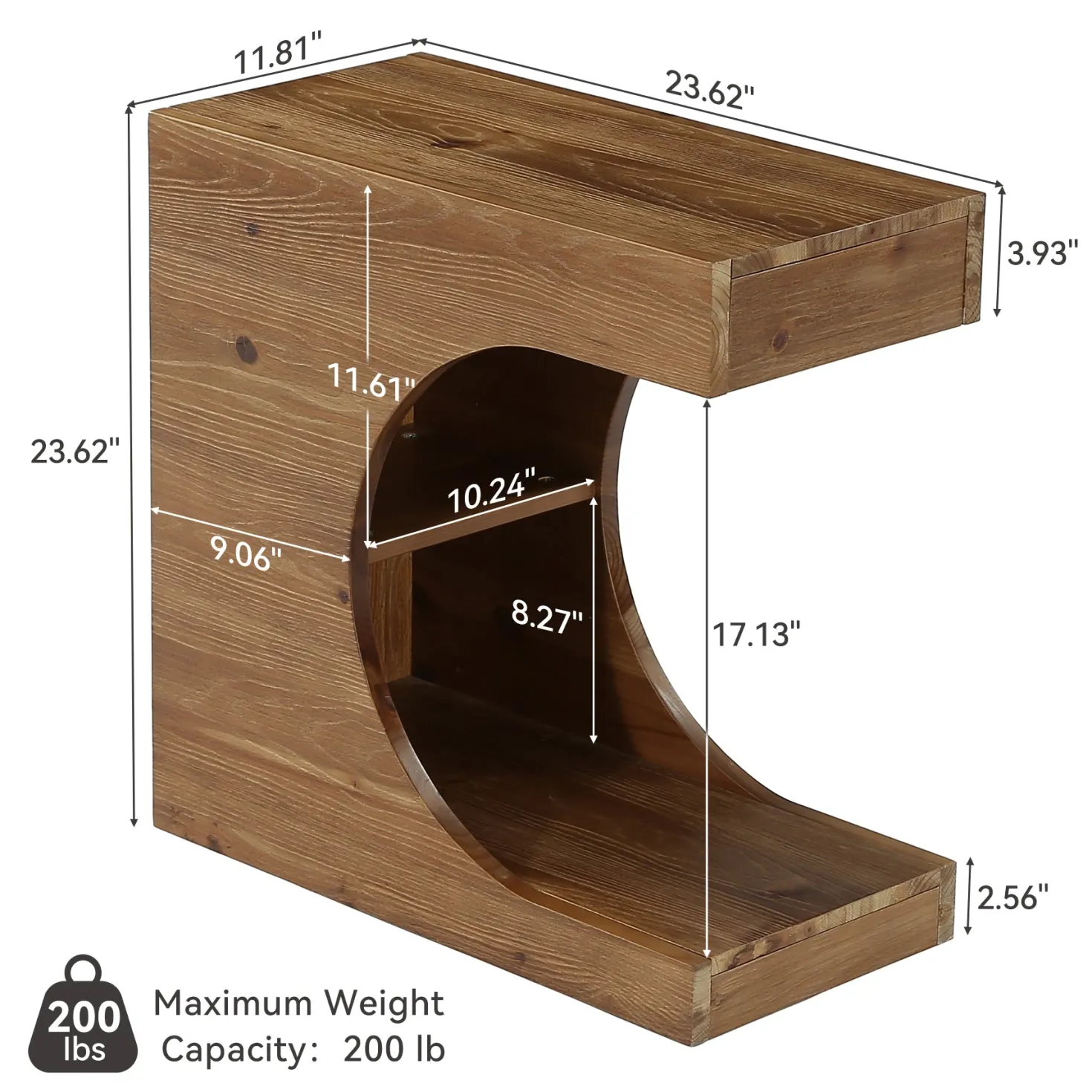 23.6" C-Shaped End Table, Modern Solid Wood Side Table Nightstand with 2-Tier Storage
