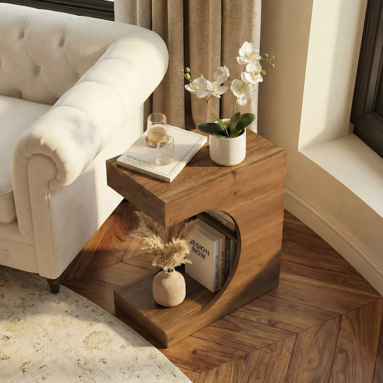 23.6" C-Shaped End Table, Modern Solid Wood Side Table Nightstand with 2-Tier Storage
