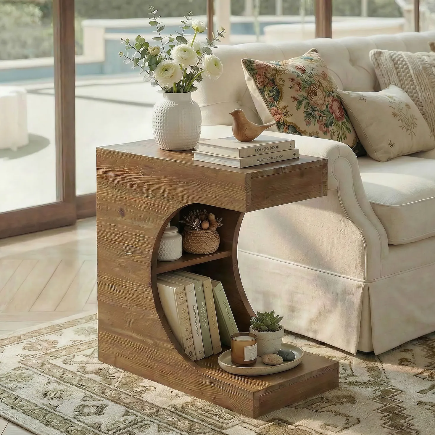 23.6" C-Shaped End Table, Modern Solid Wood Side Table Nightstand with 2-Tier Storage