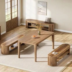 63" Dining Bench, Farmhouse Kitchen Dining Seat with Arc Vertical Slat Splicing Legs