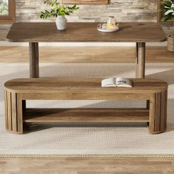 63" Dining Bench, Farmhouse Kitchen Dining Seat with Arc Vertical Slat Splicing Legs