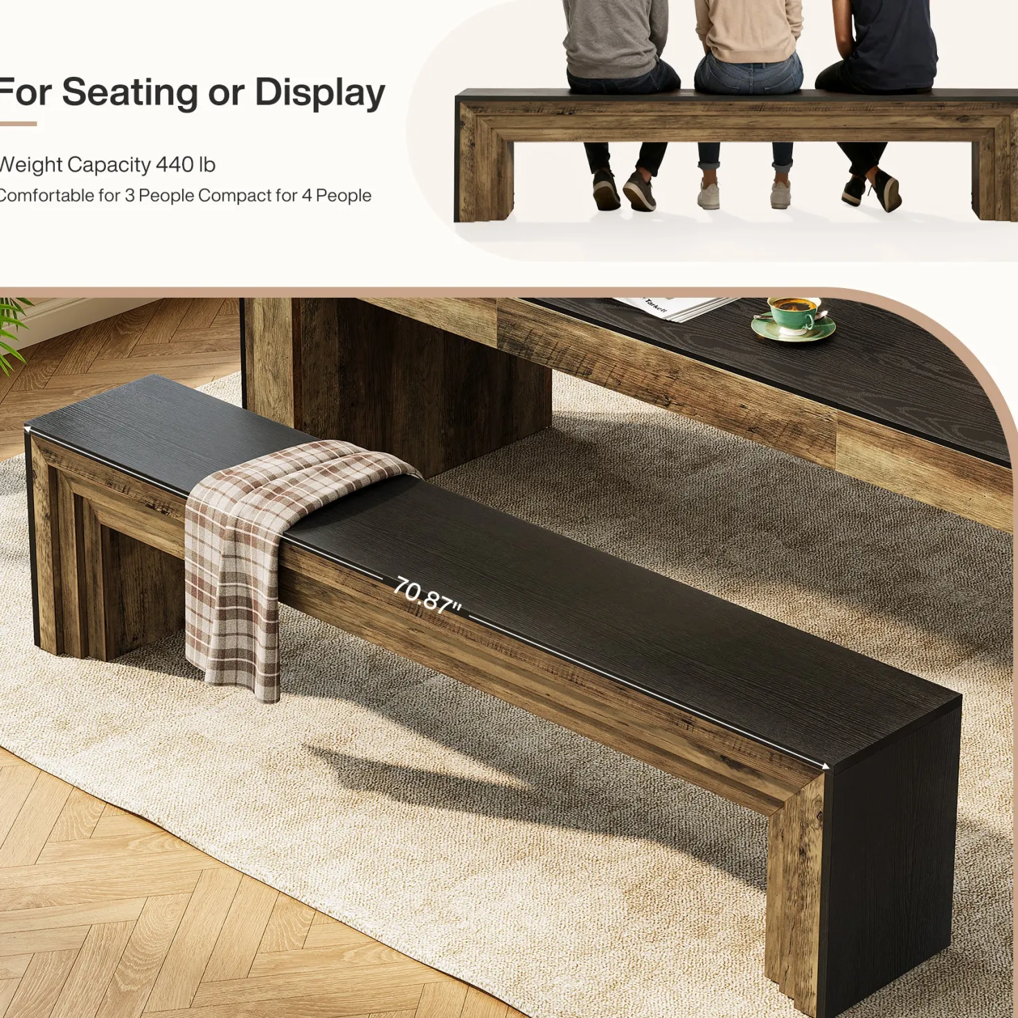 70.9“ Dining Bench, Farmhouse Long Kitchen Bench Seating