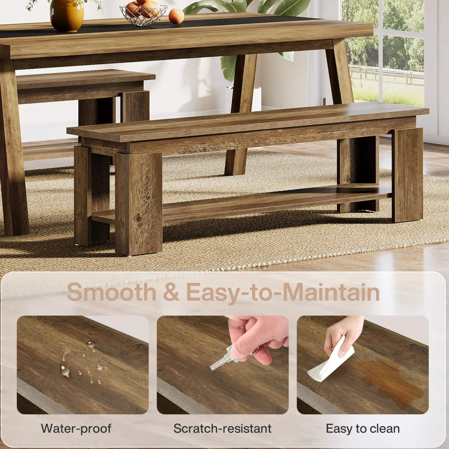 63" Dining Bench for 2-3, Farmhouse Kitchen Bench with Storage Shelf