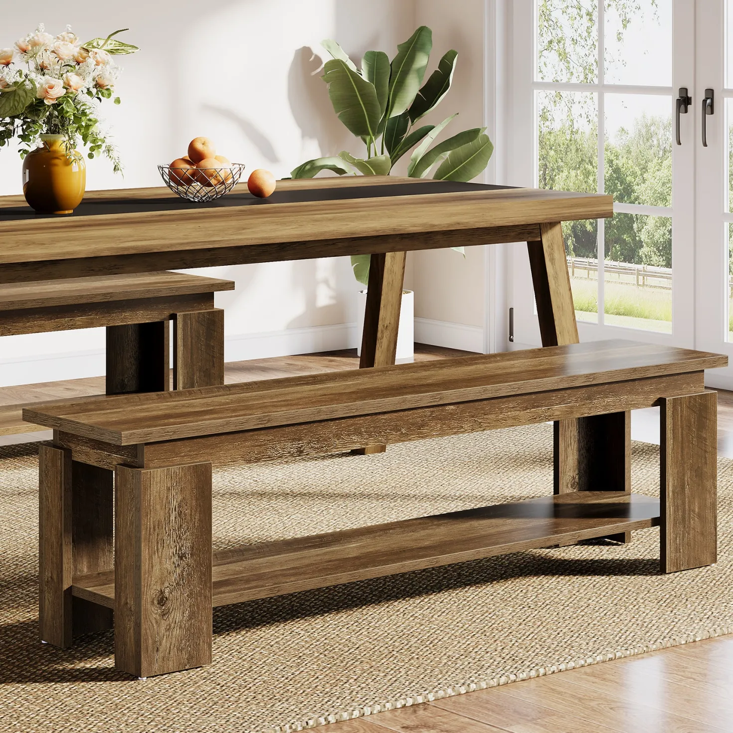 63" Dining Bench for 2-3, Farmhouse Kitchen Bench with Storage Shelf