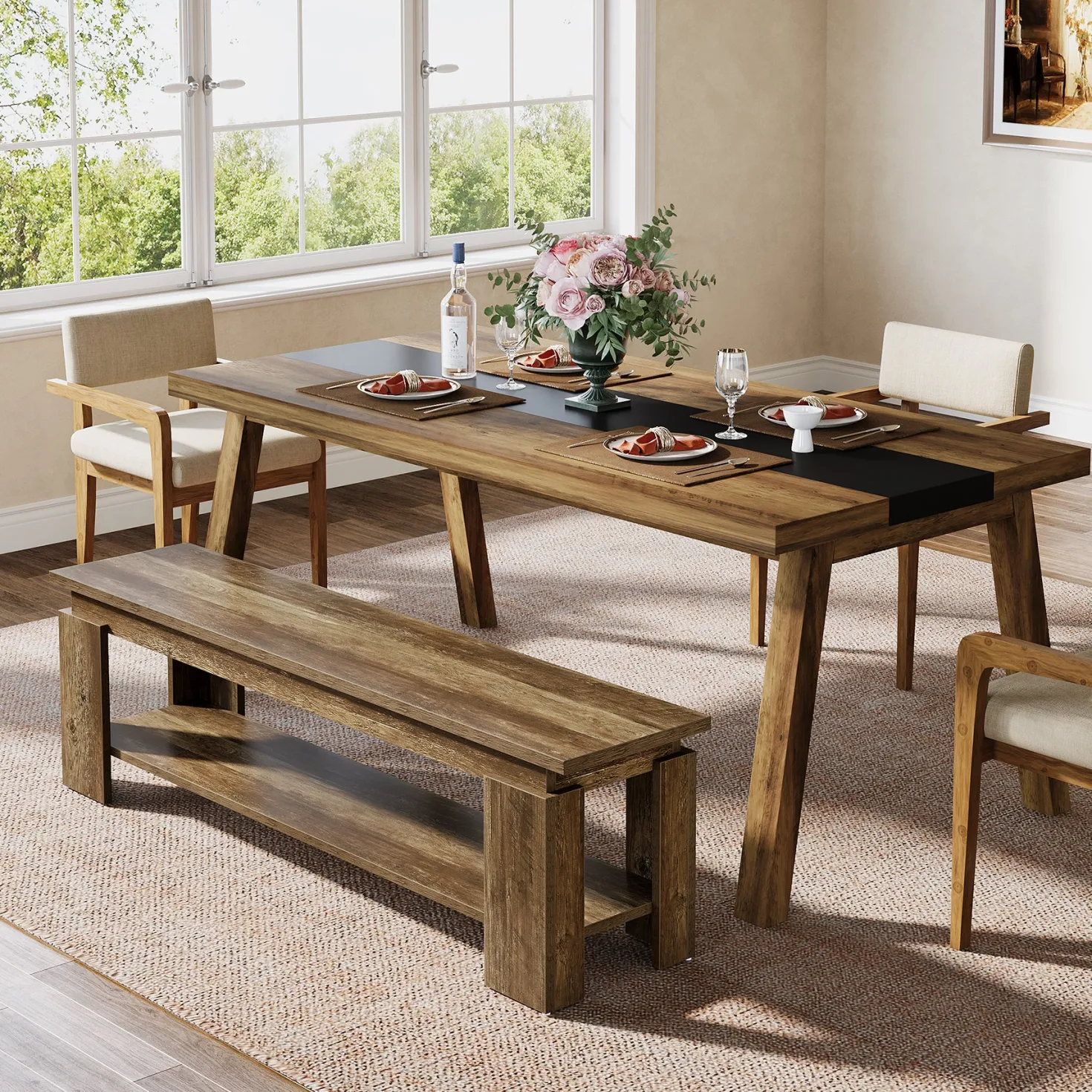 63" Dining Bench for 2-3, Farmhouse Kitchen Bench with Storage Shelf
