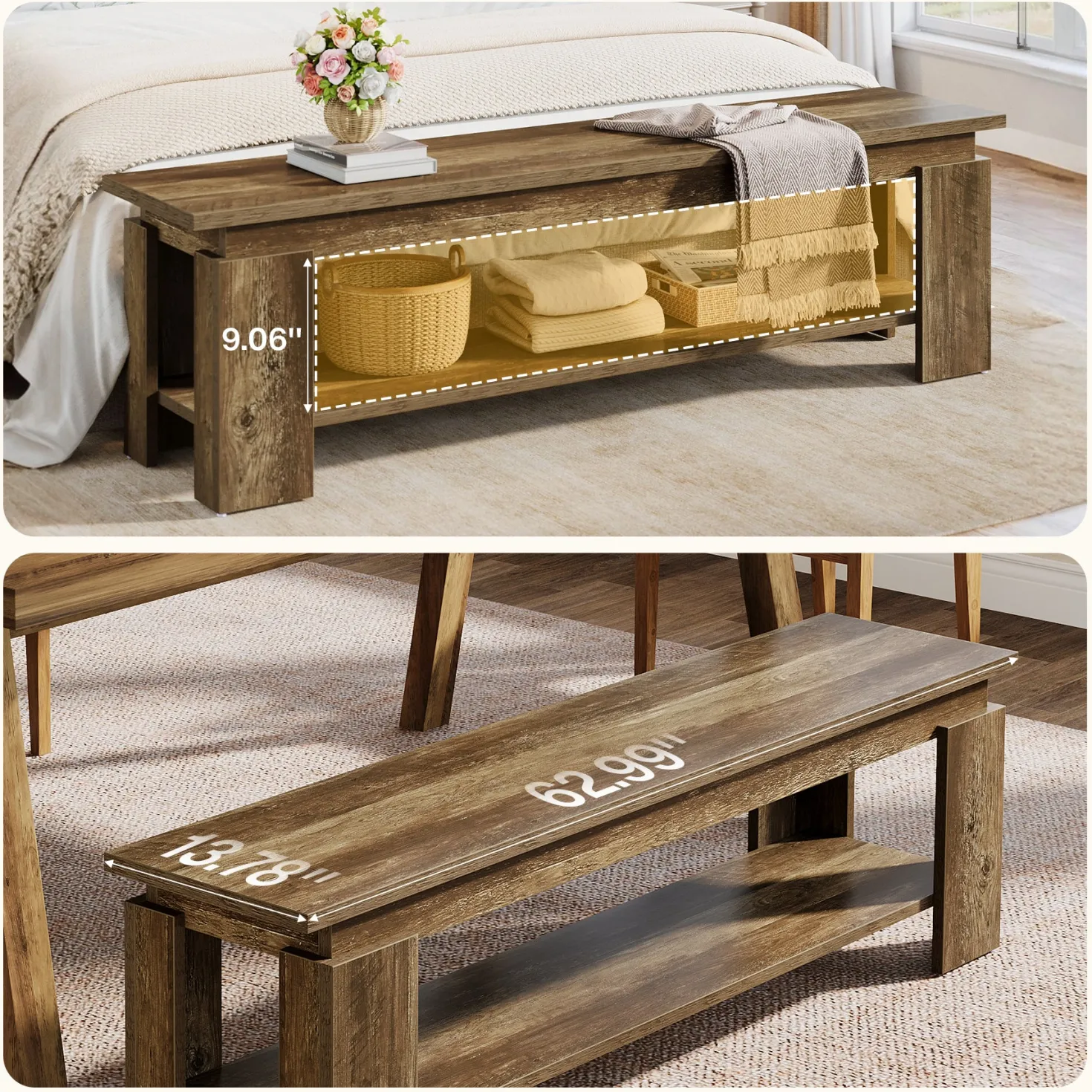 63" Dining Bench for 2-3, Farmhouse Kitchen Bench with Storage Shelf