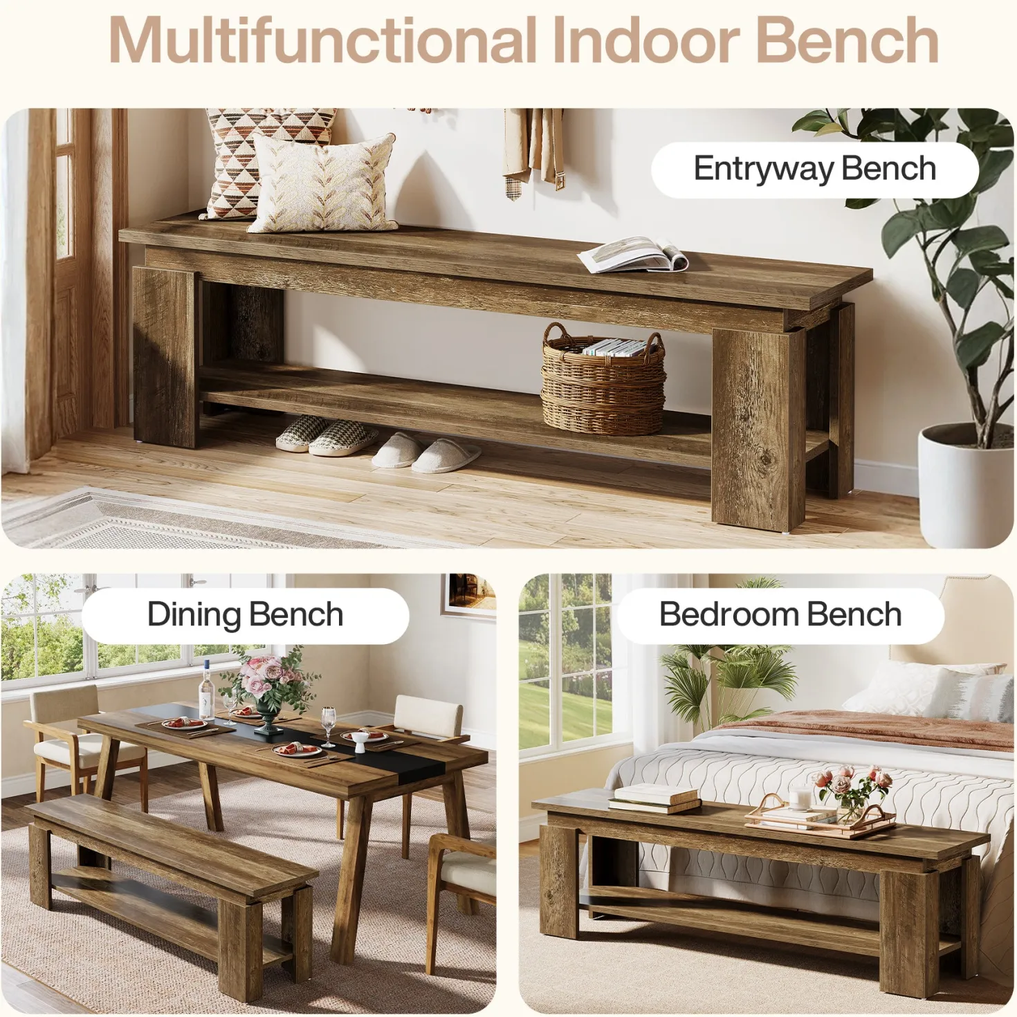 63" Dining Bench for 2-3, Farmhouse Kitchen Bench with Storage Shelf