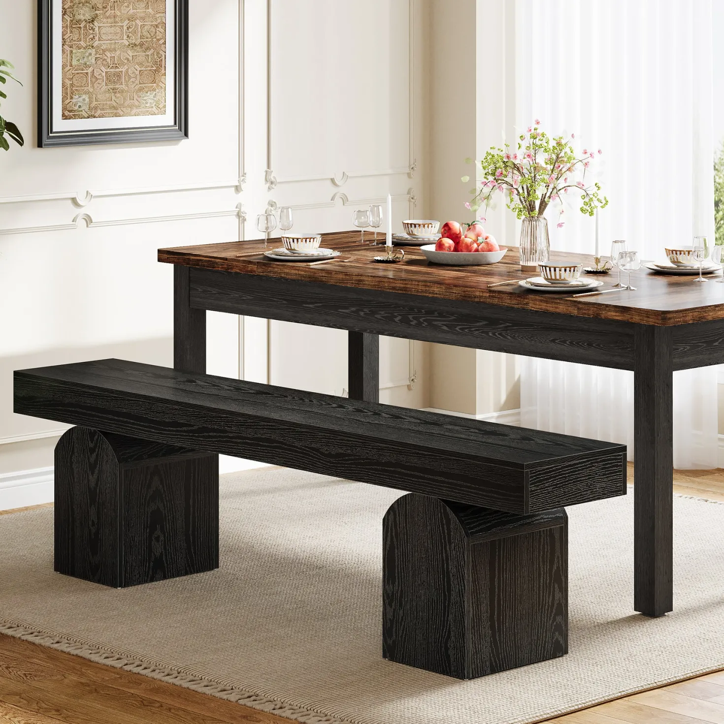 59" Dining Bench, Modern Kitchen Seating with Arched Base for 2 to 3
