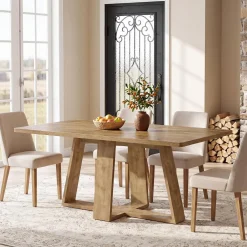 63" Dining Table, Farmhouse Kitchen Table with Wooden Pedestal for Kitchen
