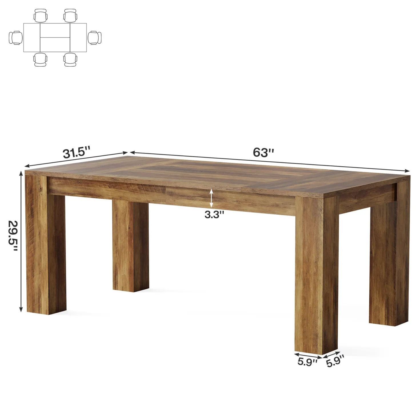 63" Dining Table, Farmhouse Kitchen Dinner Table for 4-6 People