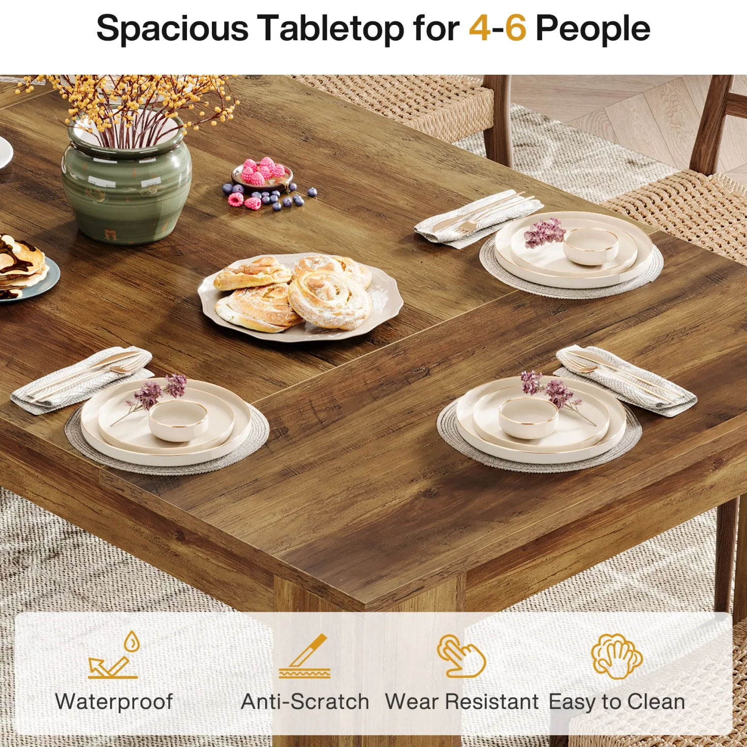63" Dining Table, Farmhouse Kitchen Dinner Table for 4-6 People