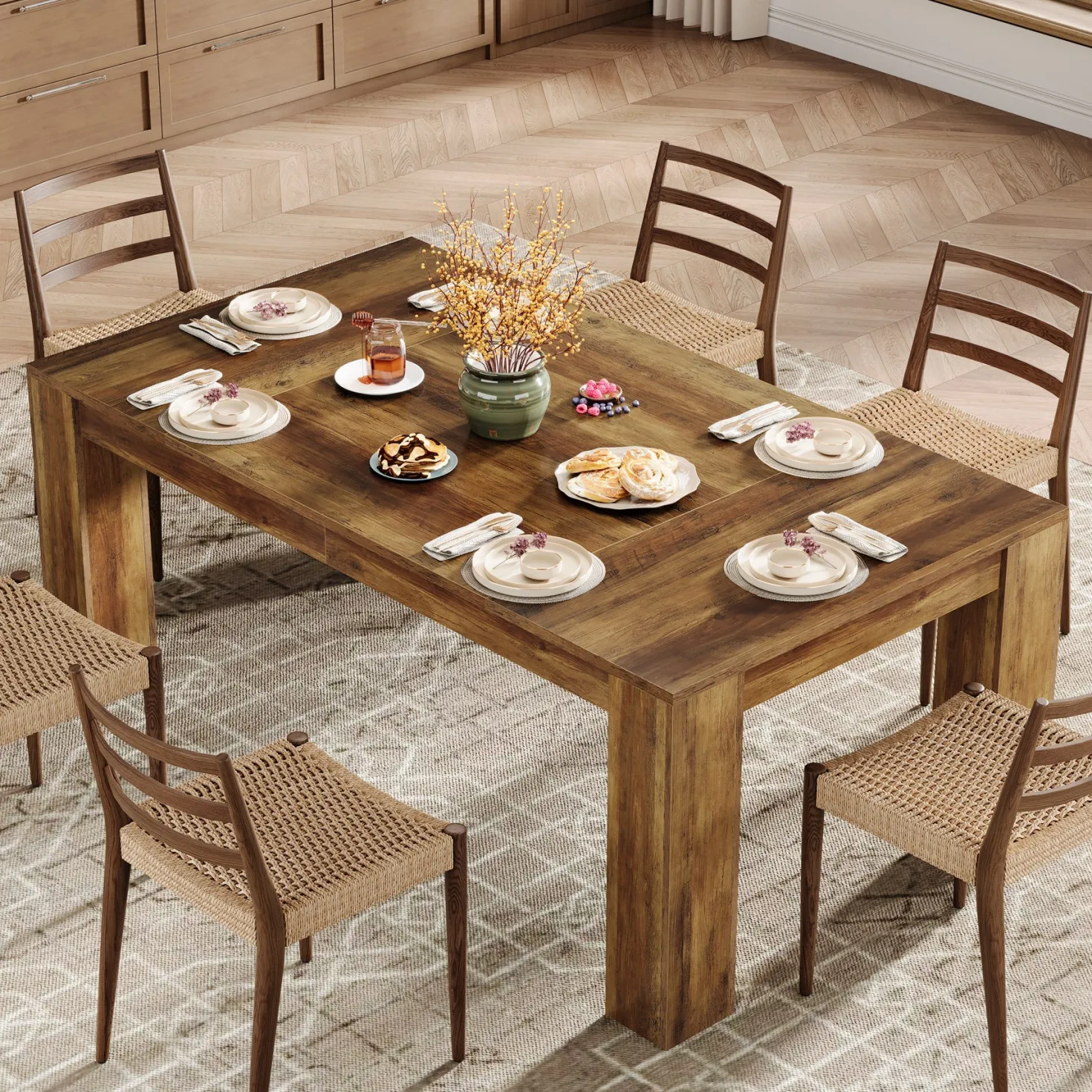 63" Dining Table, Farmhouse Kitchen Dinner Table for 4-6 People