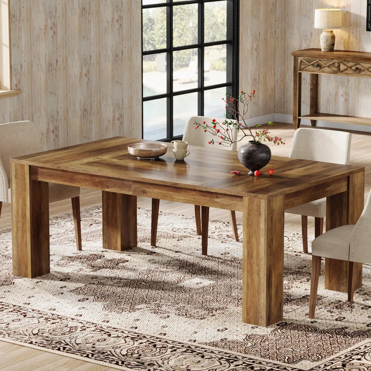 63" Dining Table, Farmhouse Kitchen Dinner Table for 4-6 People
