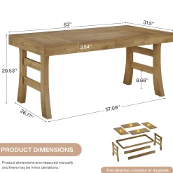 63" Dining Table, Farmhouse Kitchen Dinner Table for 4-6 People