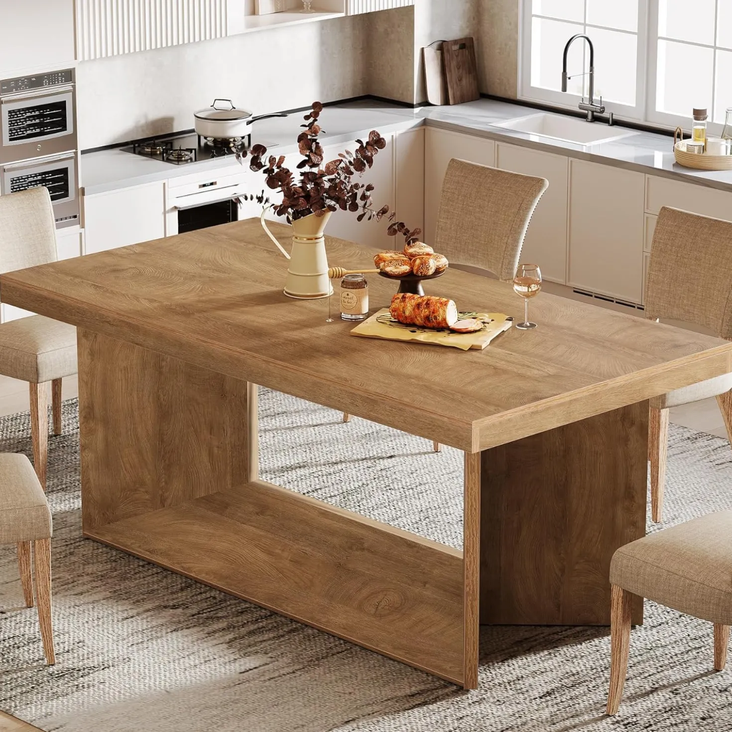 63" Dining Table, Farmhouse Kitchen Table with Heavy Duty Pedestal for 4-6