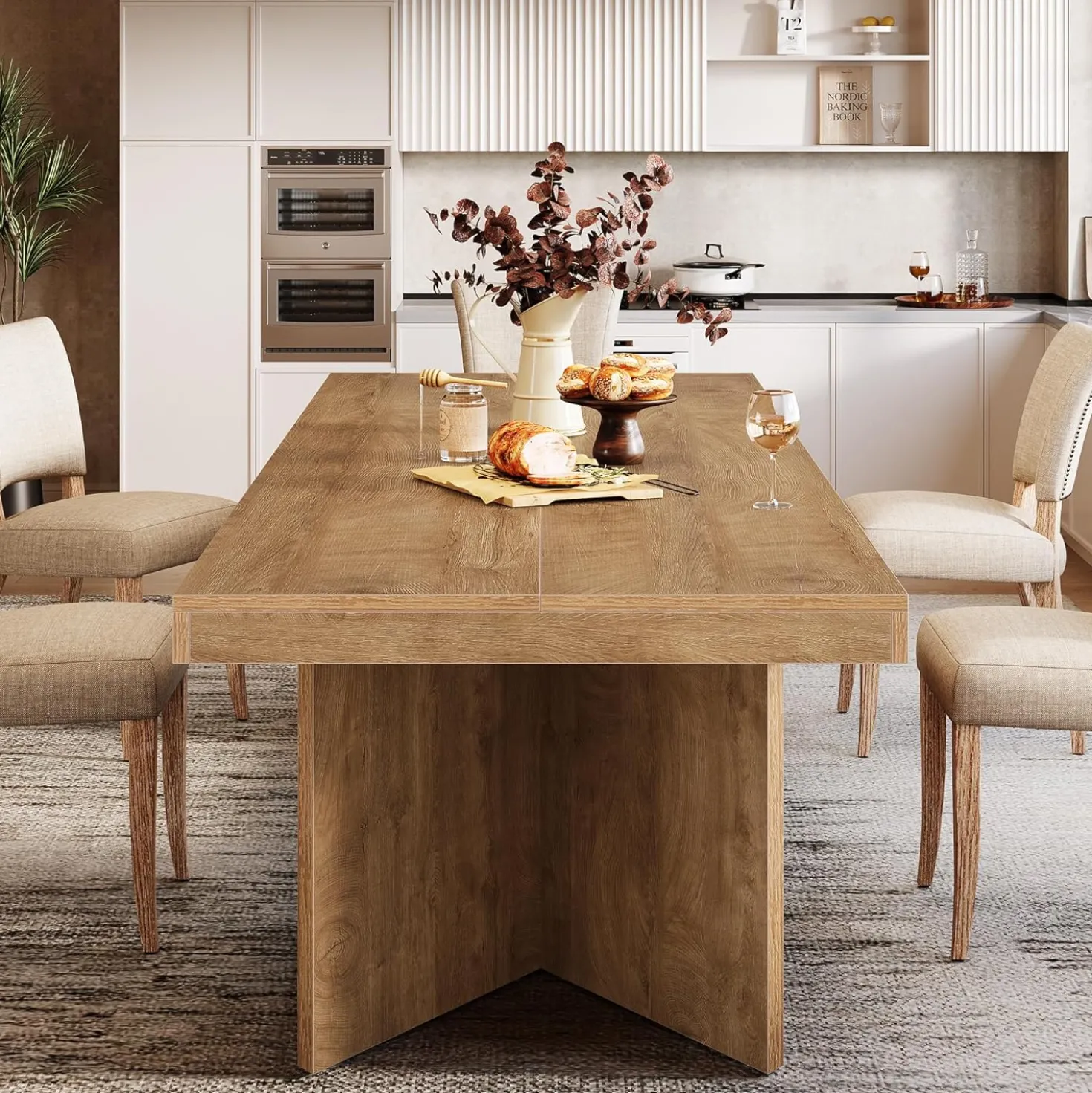63" Dining Table, Farmhouse Kitchen Table with Heavy Duty Pedestal for 4-6