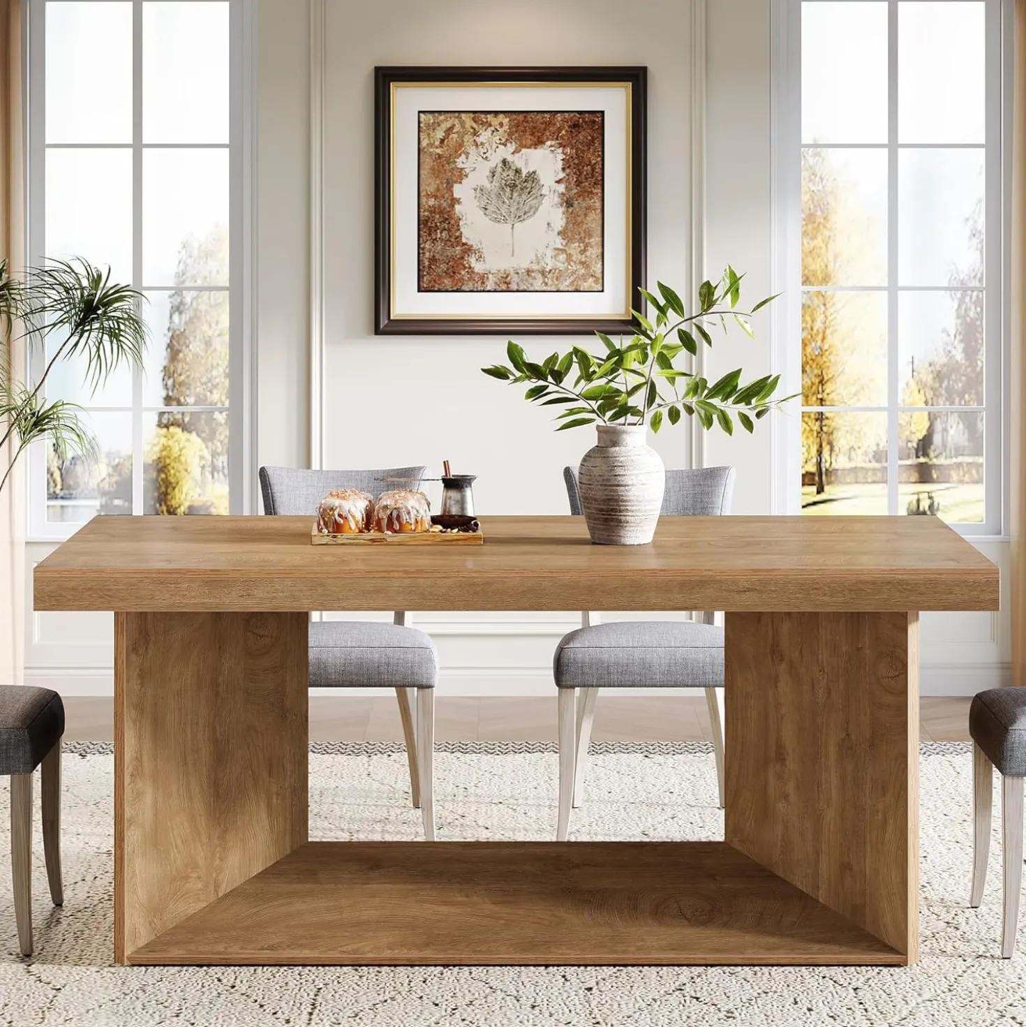 63" Dining Table, Farmhouse Kitchen Table with Heavy Duty Pedestal for 4-6