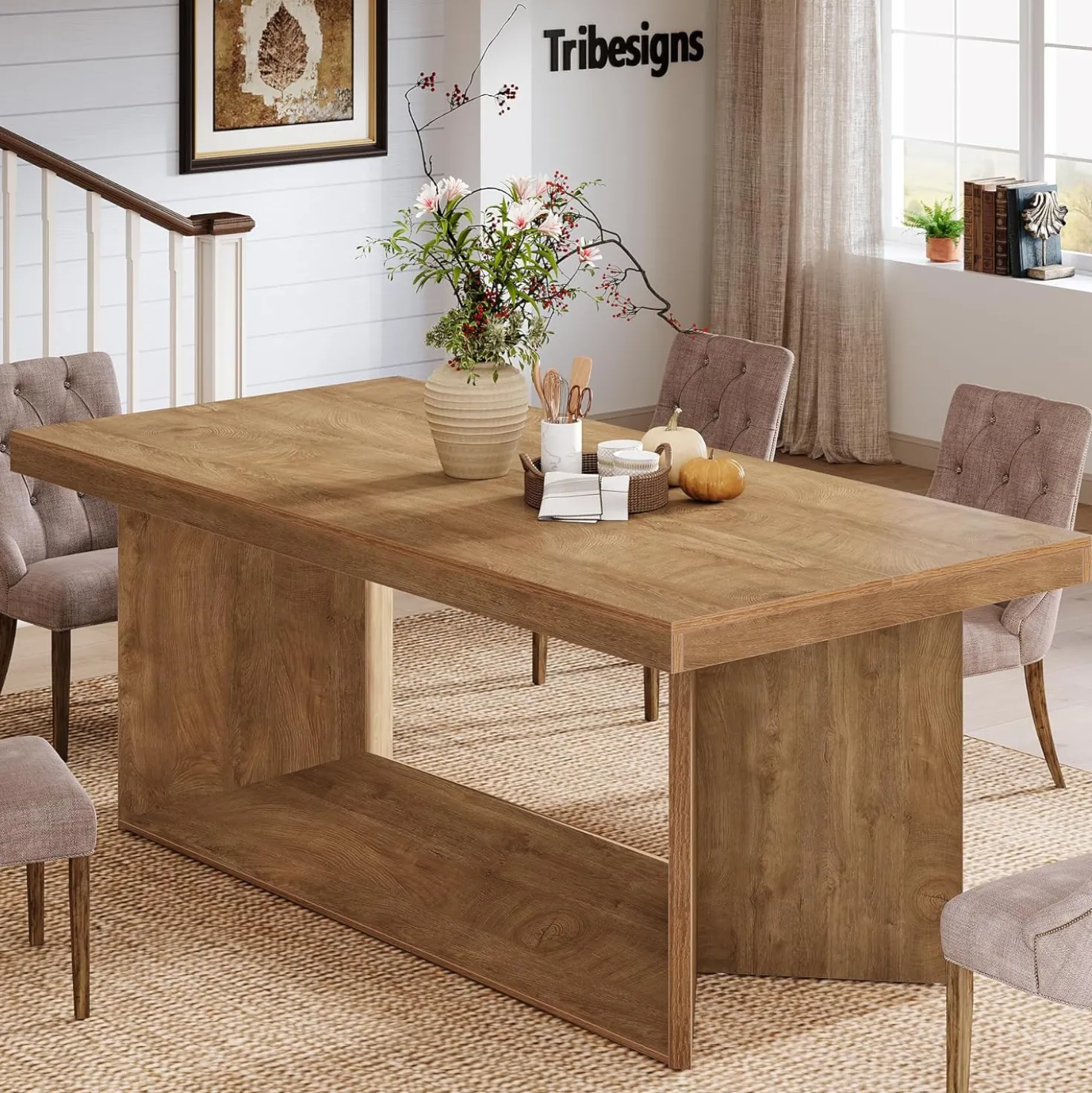 63" Dining Table, Farmhouse Kitchen Table with Heavy Duty Pedestal for 4-6