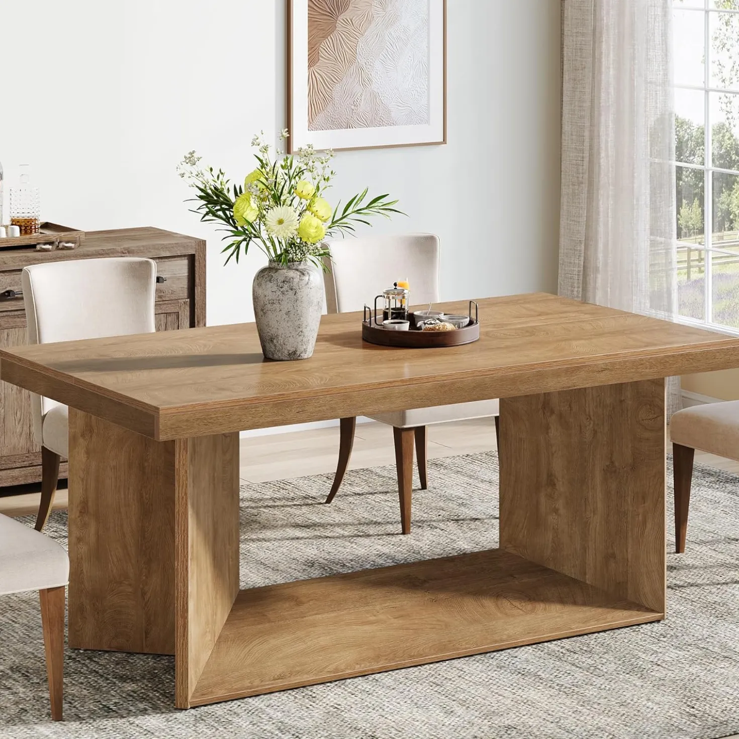 63" Dining Table, Farmhouse Kitchen Table with Heavy Duty Pedestal for 4-6