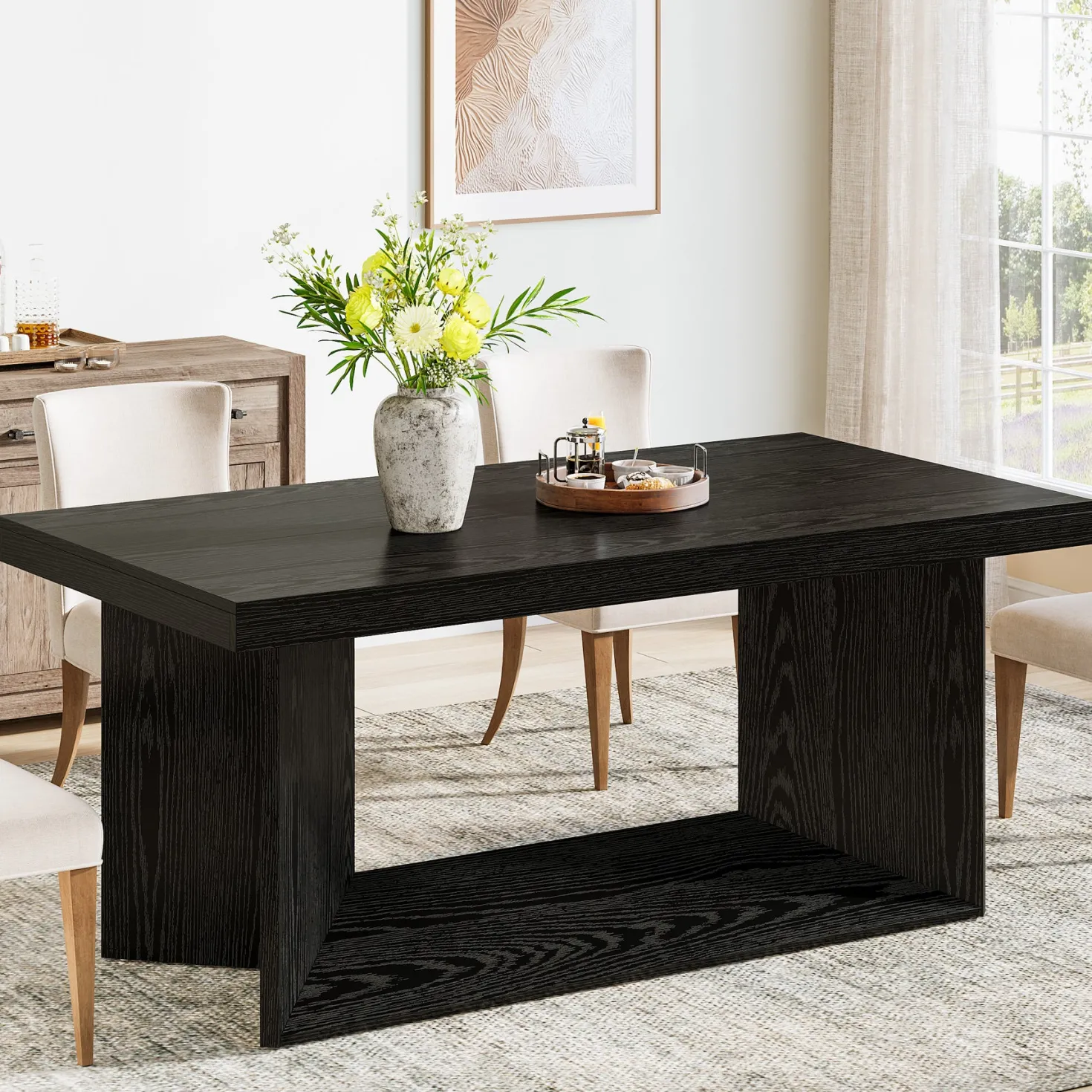 63" Dining Table, Farmhouse Kitchen Table with Heavy Duty Pedestal for 4-6