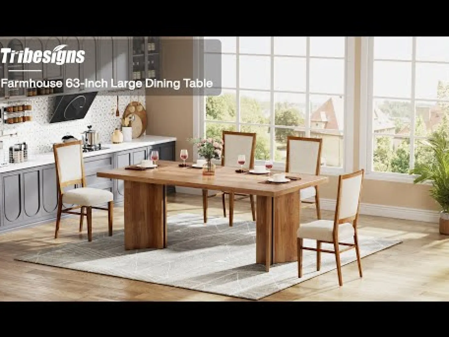 63" Dining Table, Farmhouse Kitchen Table with Large Tabletop for 4-6