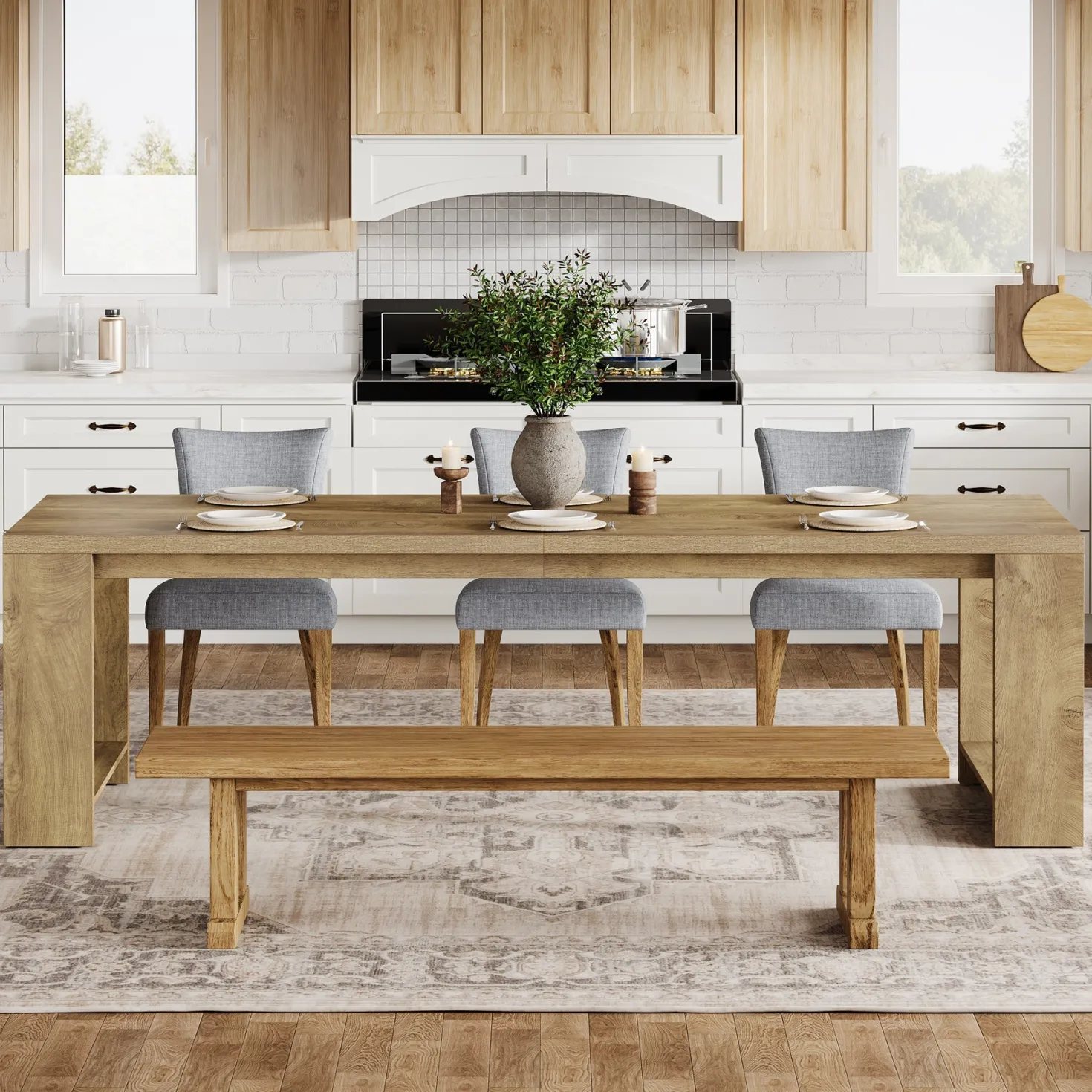 86" Dining Table, Farmhouse Kitchen Dinner Table For 8-10 People