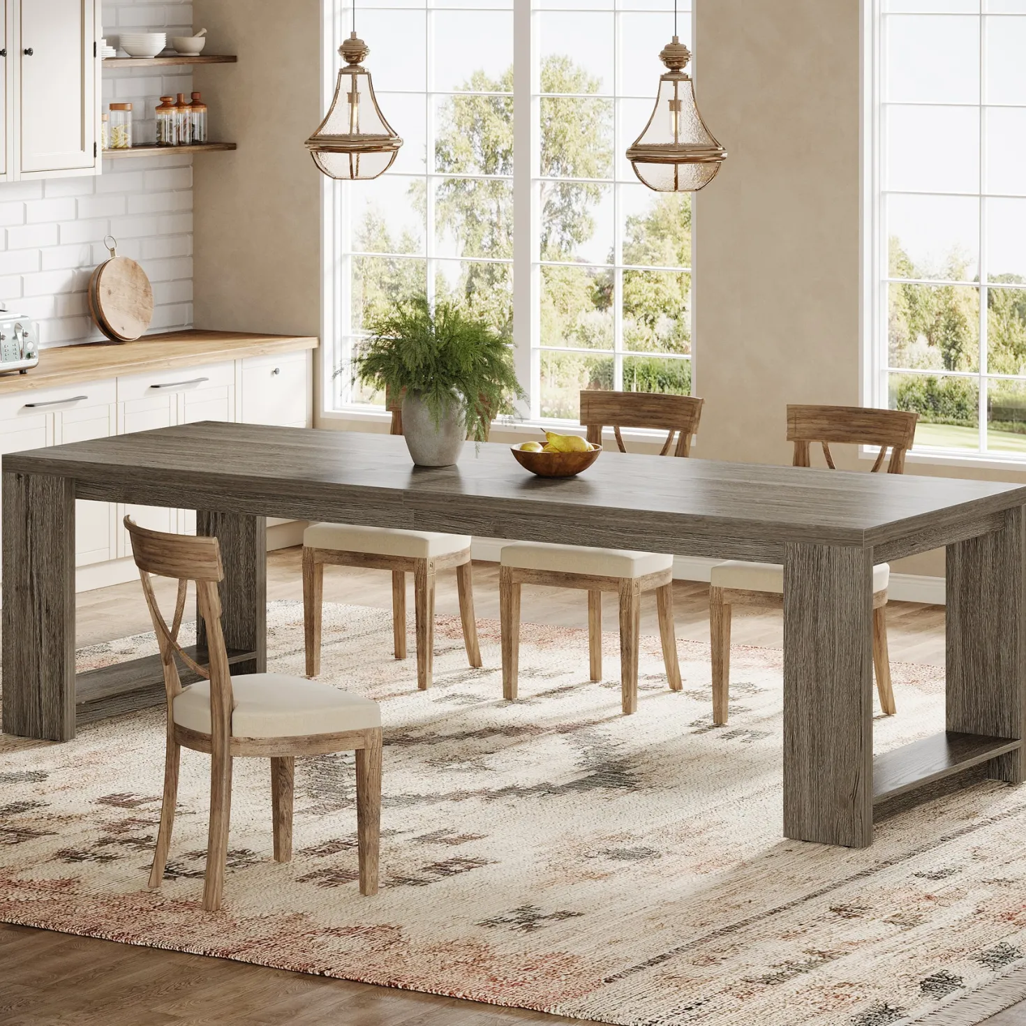 86" Dining Table, Farmhouse Kitchen Dinner Table For 8-10 People