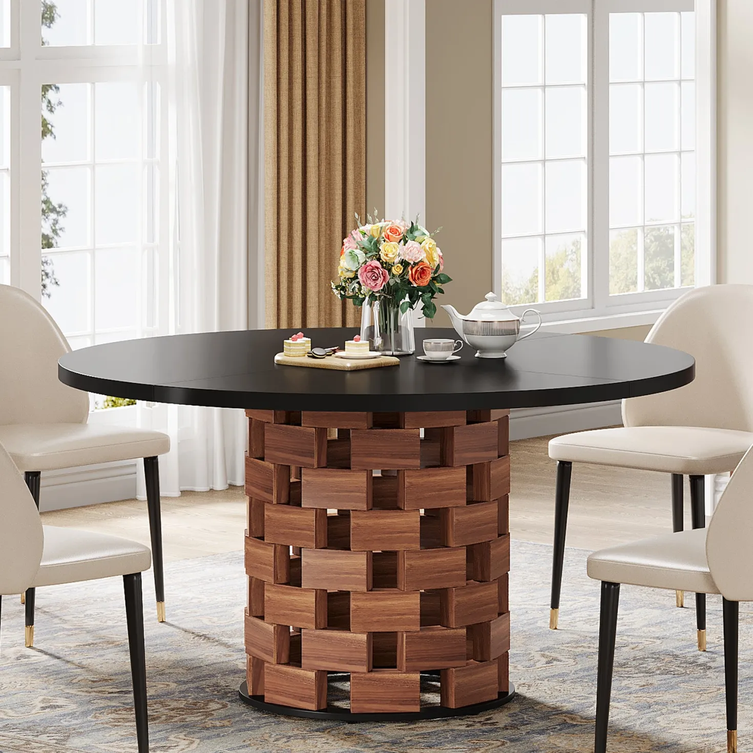 47" Dining Table, Farmhouse Round Kitchen Table for 4-6 People
