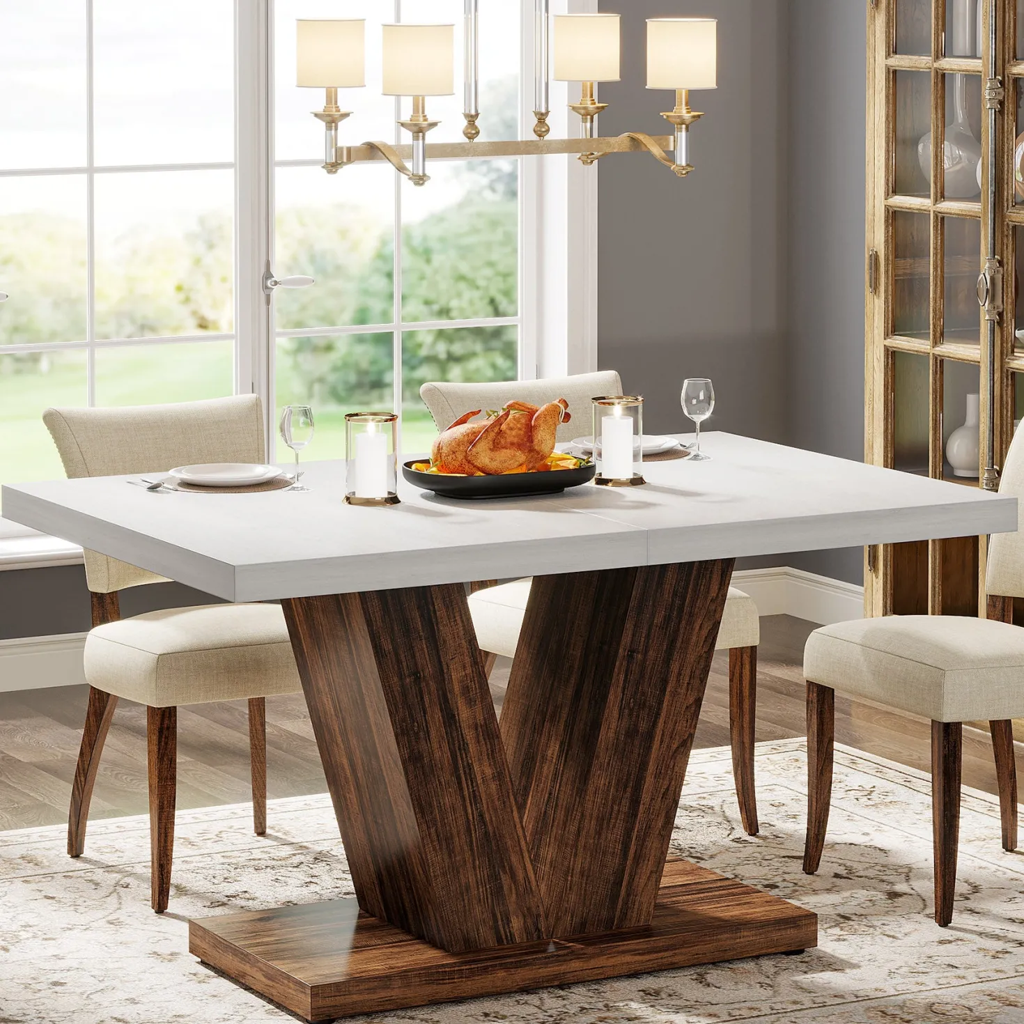 47" Dining Table, Farmhouse Wooden Kitchen Dinner Table with Duty Pedestal