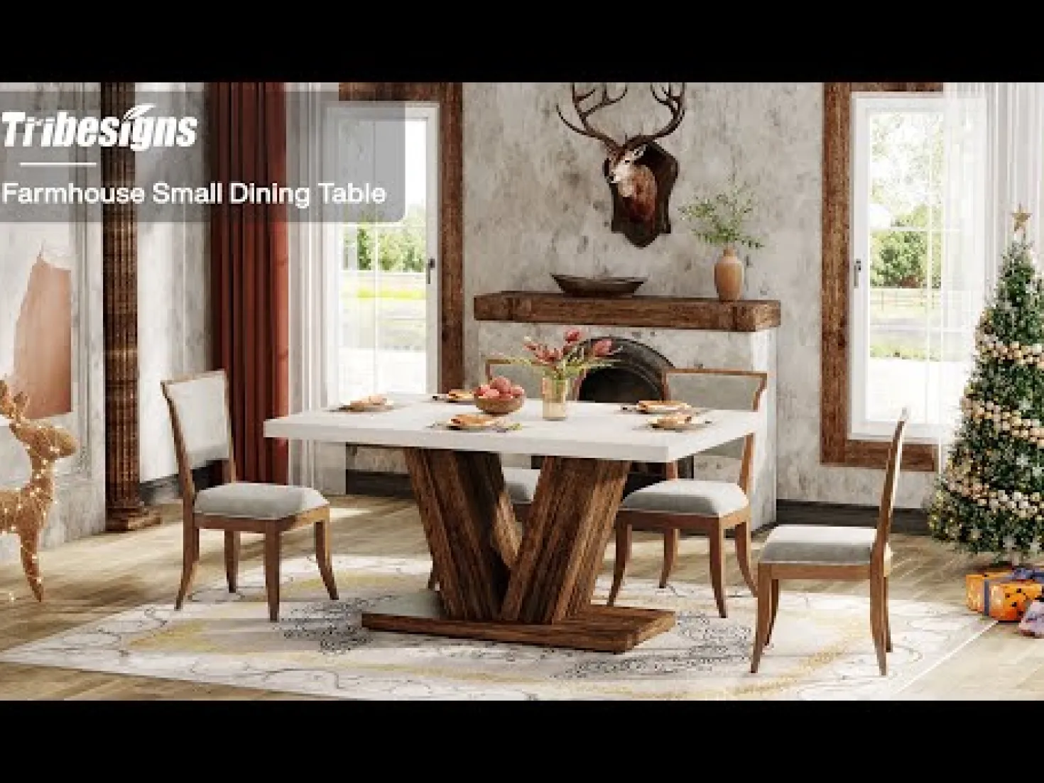 47" Dining Table, Farmhouse Wooden Kitchen Dinner Table with Duty Pedestal