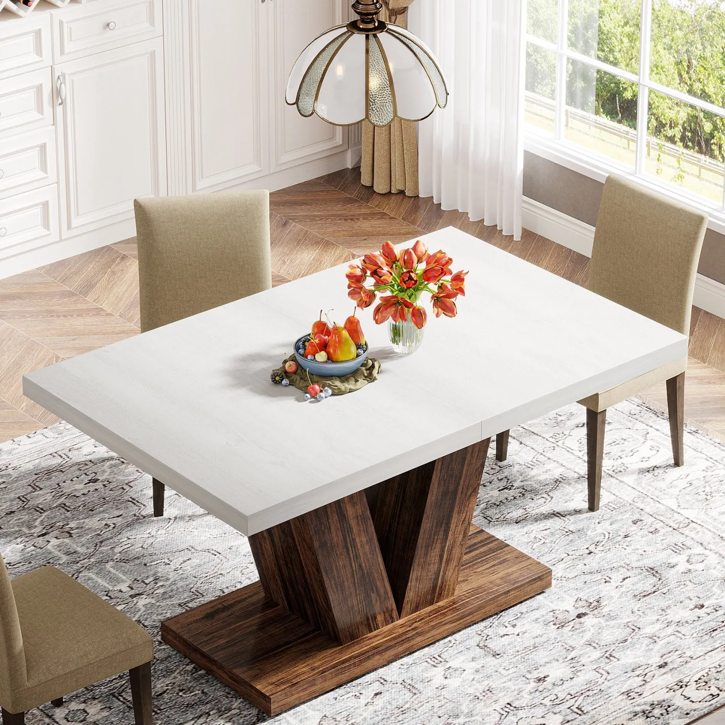 47" Dining Table, Farmhouse Wooden Kitchen Dinner Table with Duty Pedestal