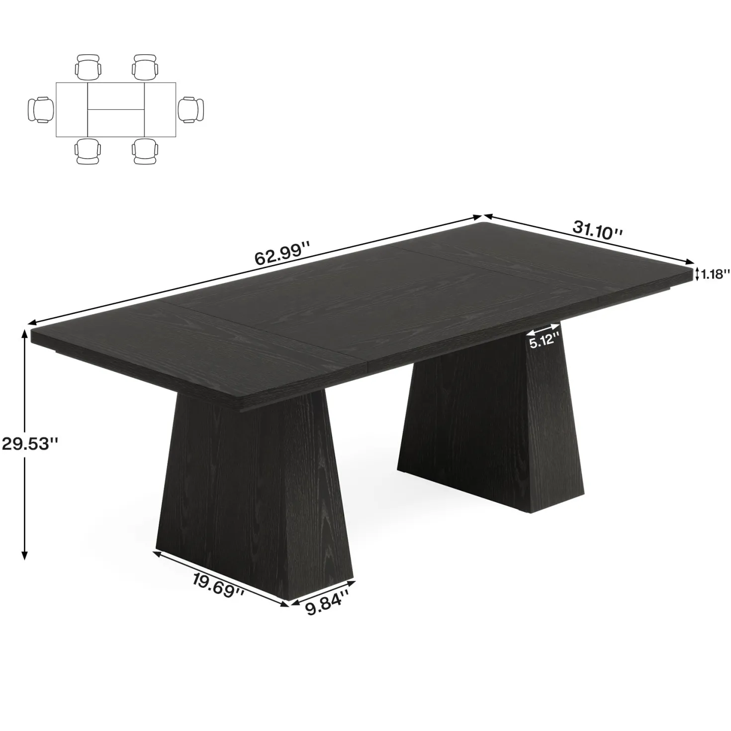 63" Dining Table, Farmhouse Wood Kitchen Table for 6 People