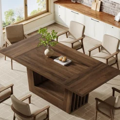 63" Dining Table for 4-6, Farmhouse Kitchen Dinner Table with Heavy-Duty Base