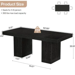 63" Dining Table for 4-6 People, Rectangular Kitchen Table with Double Pedestal