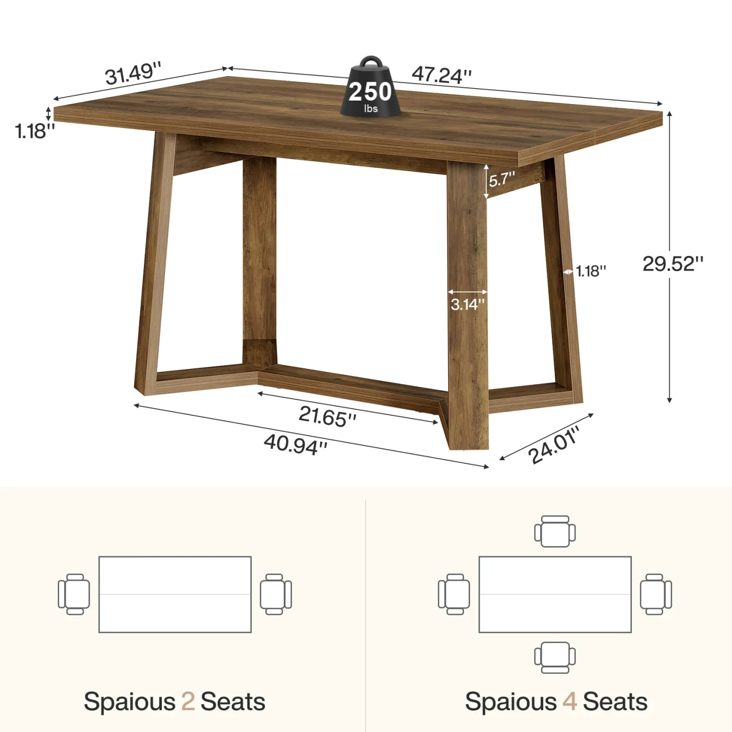 47" Dining Table for 4, Rectangular Kitchen Table with Sturdy Base