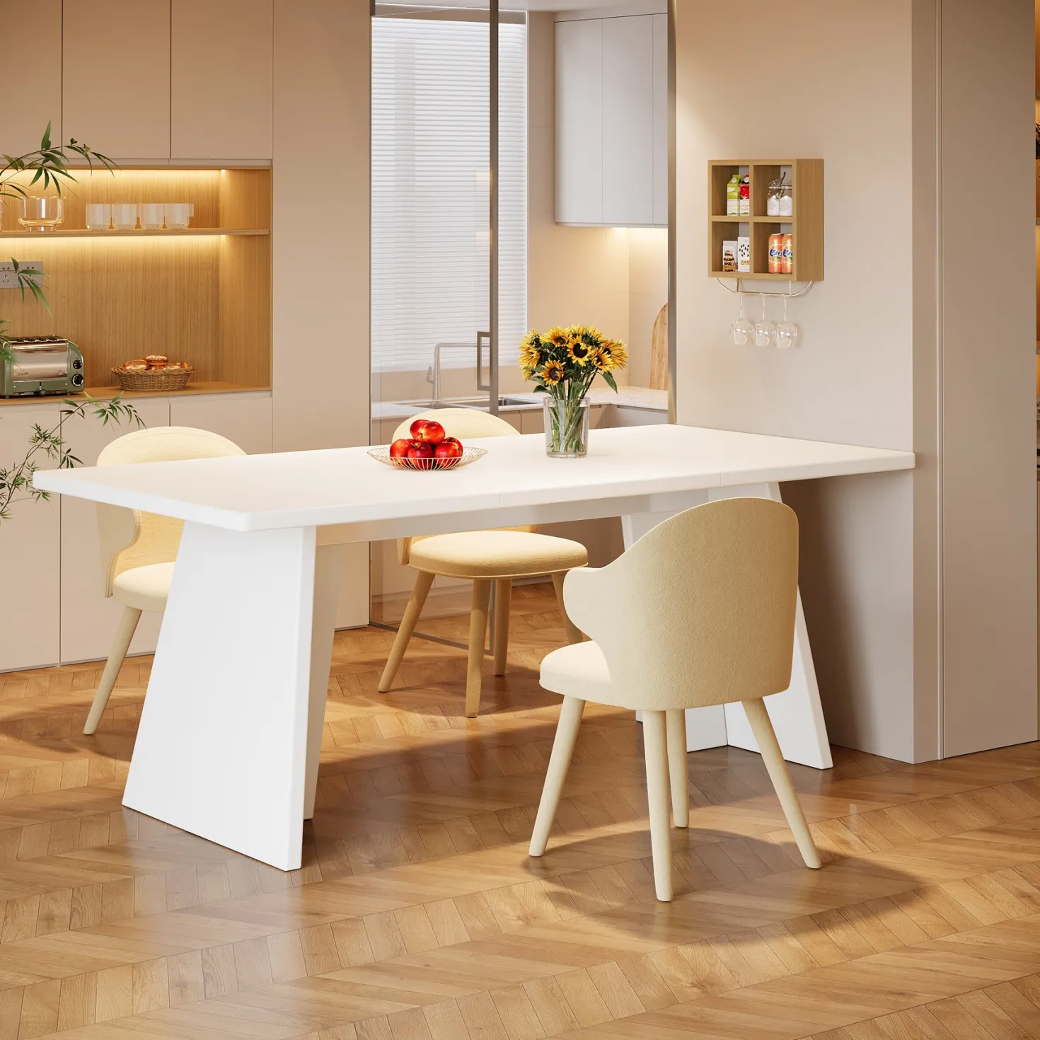 63" Dining Table, Modern Kitchen Table with Double Robust Pedestal for 4-6