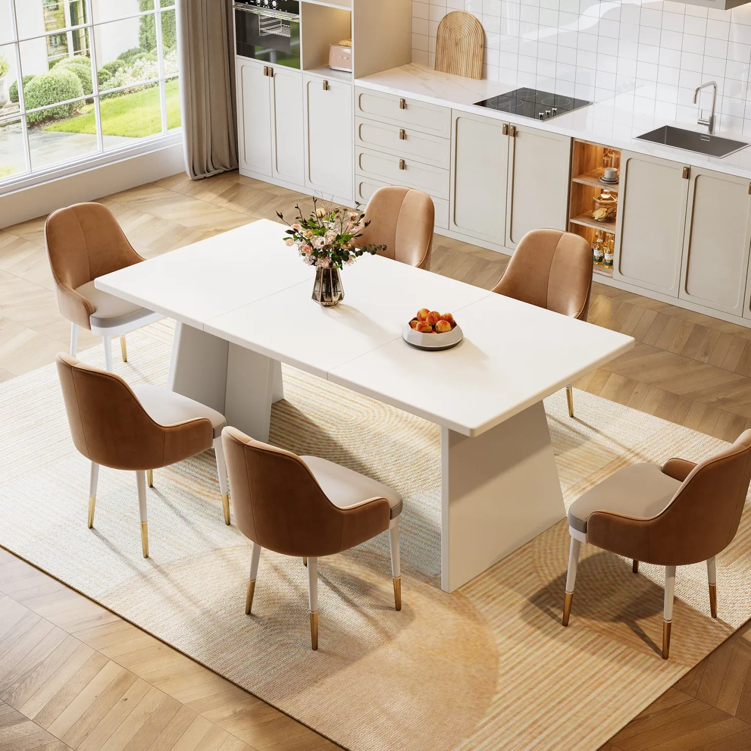 63" Dining Table, Modern Kitchen Table with Double Robust Pedestal for 4-6