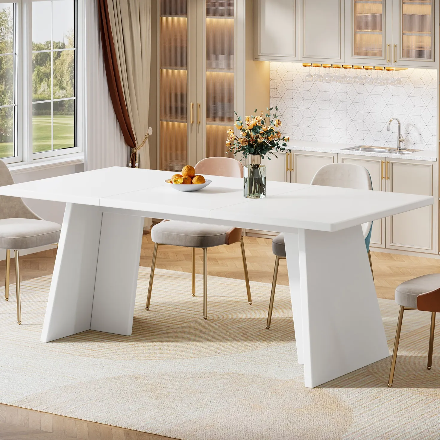63" Dining Table, Modern Kitchen Table with Double Robust Pedestal for 4-6