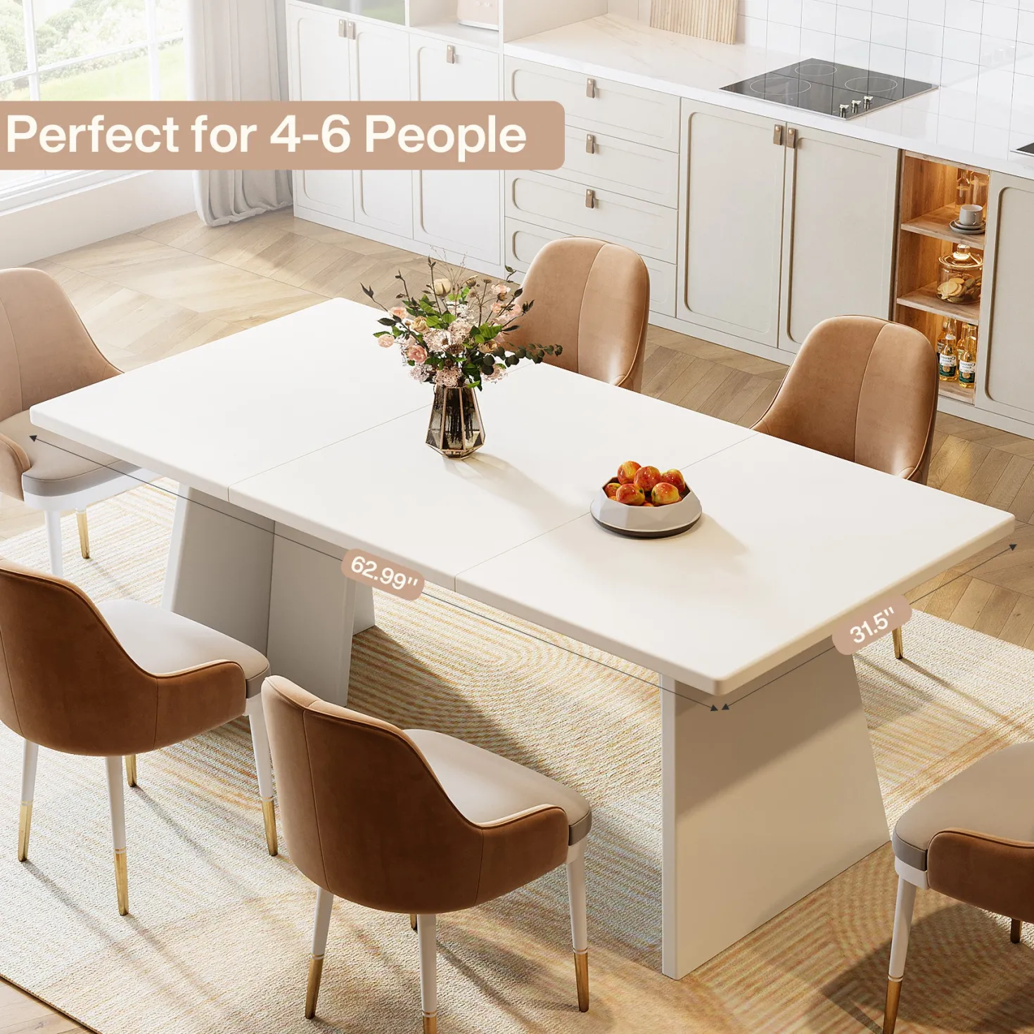 63" Dining Table, Modern Kitchen Table with Double Robust Pedestal for 4-6