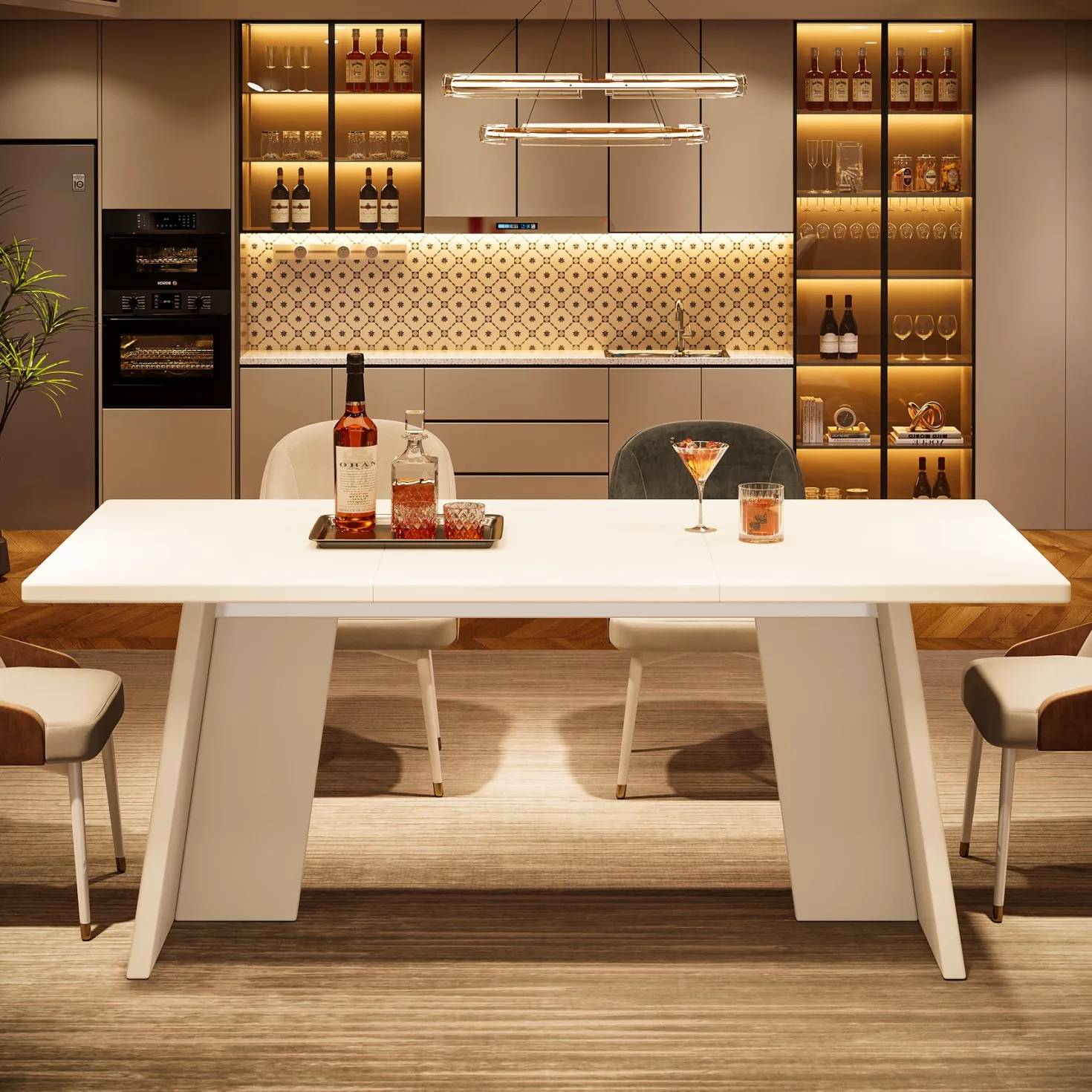 63" Dining Table, Modern Kitchen Table with Double Robust Pedestal for 4-6