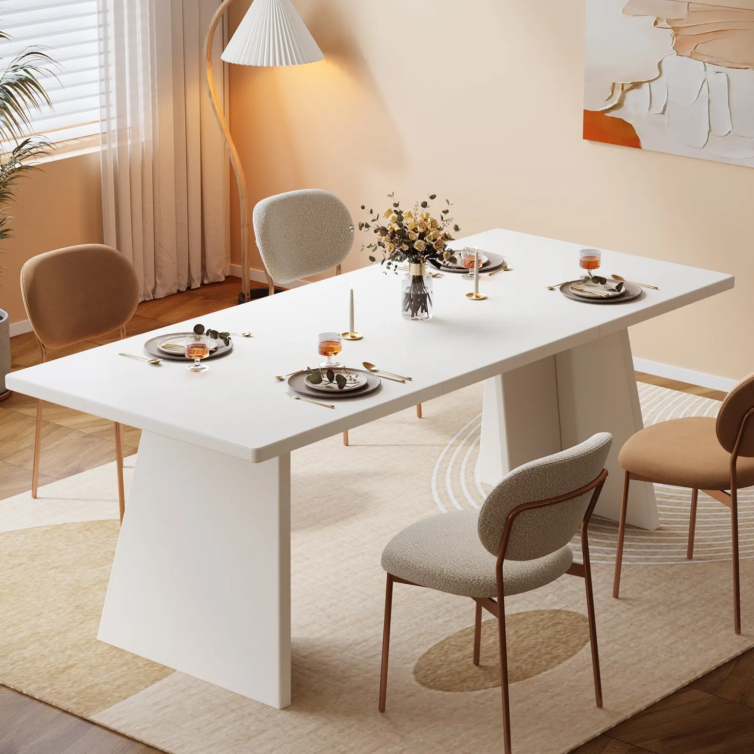 63" Dining Table, Modern Kitchen Table with Double Robust Pedestal for 4-6