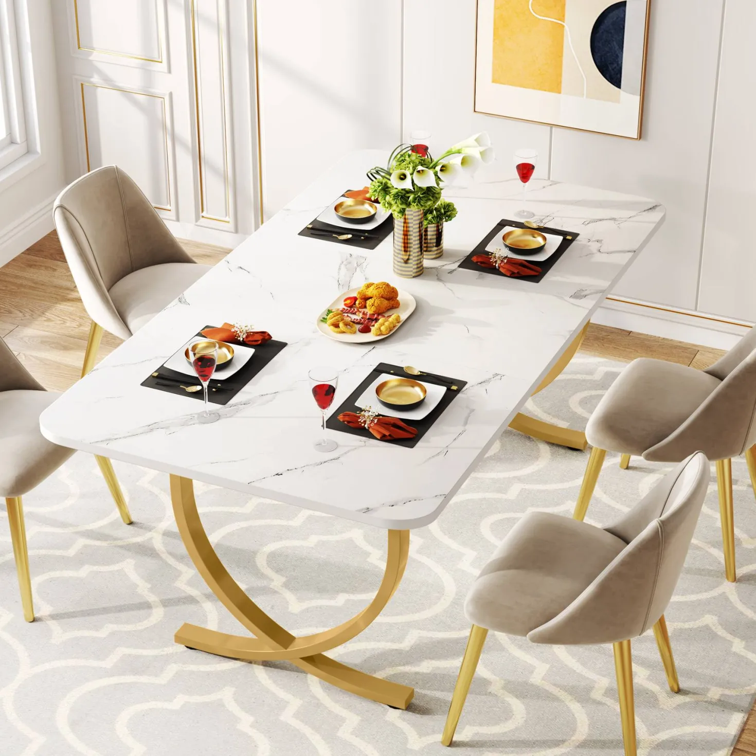 63" Dining Table, Modern Kitchen Table with Faux Marble Table Top