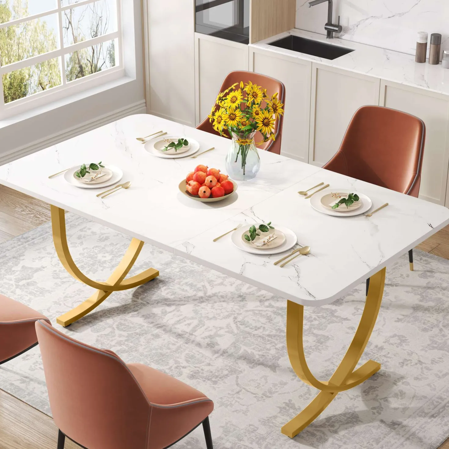 63" Dining Table, Modern Kitchen Table with Faux Marble Table Top