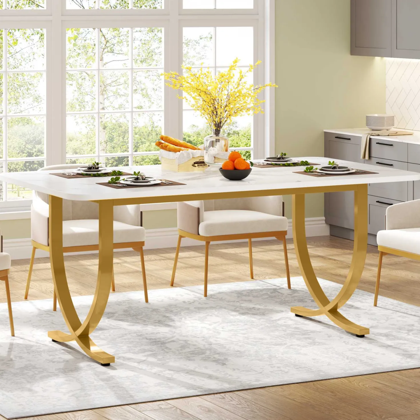 63" Dining Table, Modern Kitchen Table with Faux Marble Table Top