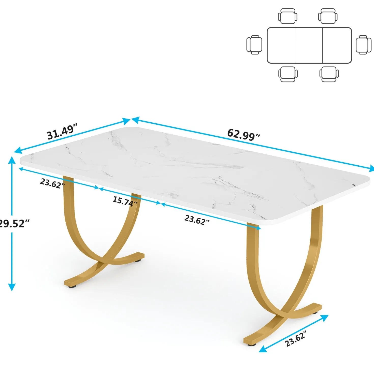 63" Dining Table, Modern Kitchen Table with Faux Marble Table Top