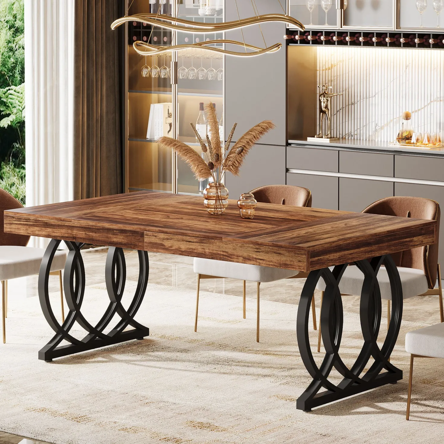 63" Dining Table, Modern Kitchen Table with Faux Marble Tabletop for 4-6