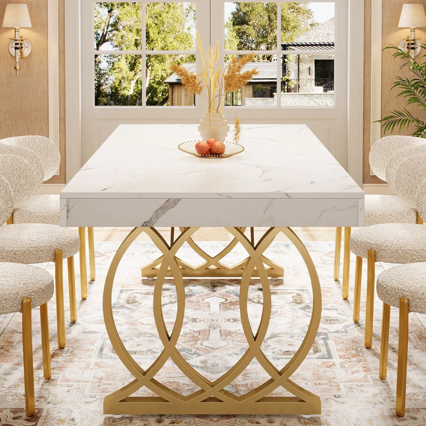 63" Dining Table, Modern Kitchen Table with Faux Marble Tabletop for 4-6