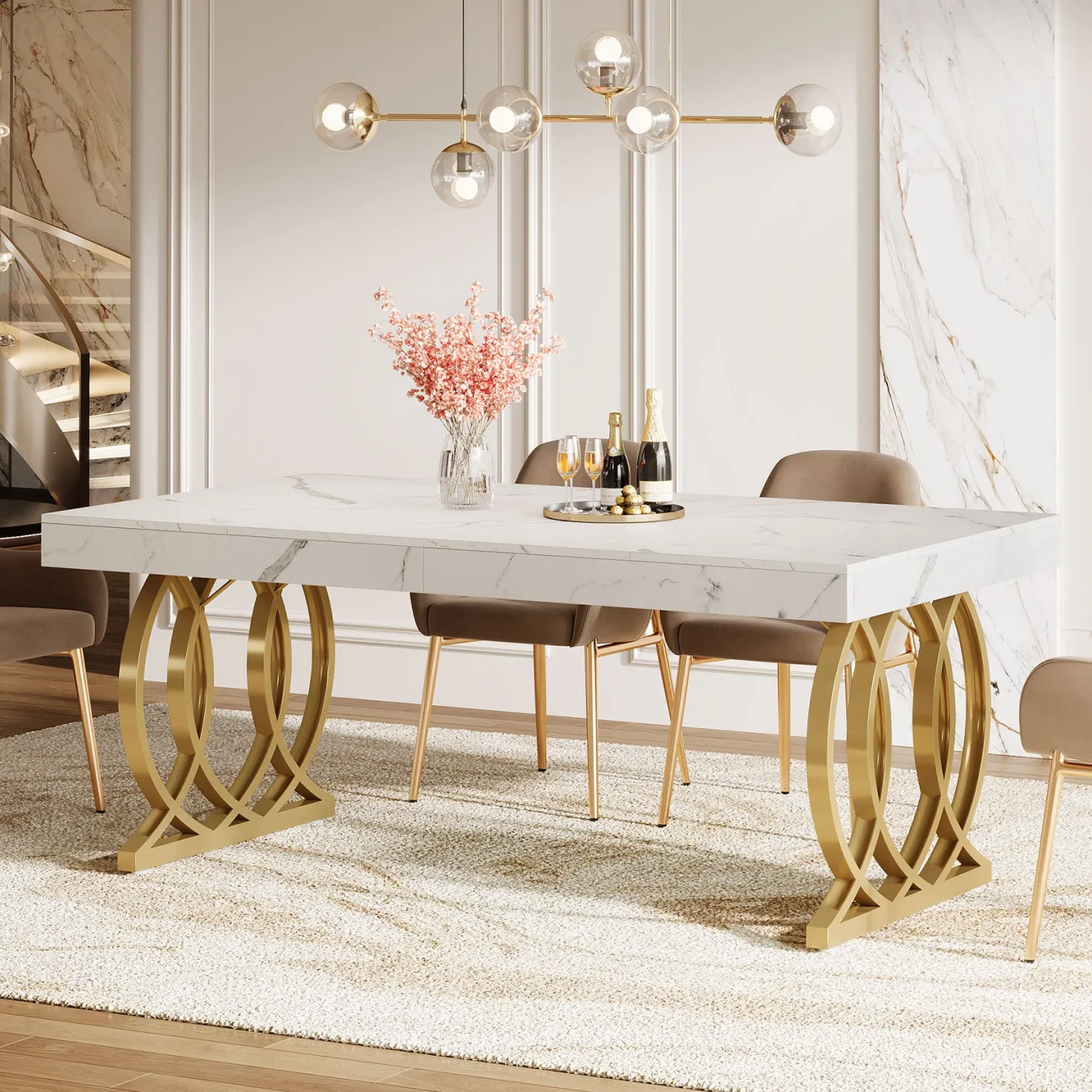 63" Dining Table, Modern Kitchen Table with Faux Marble Tabletop for 4-6