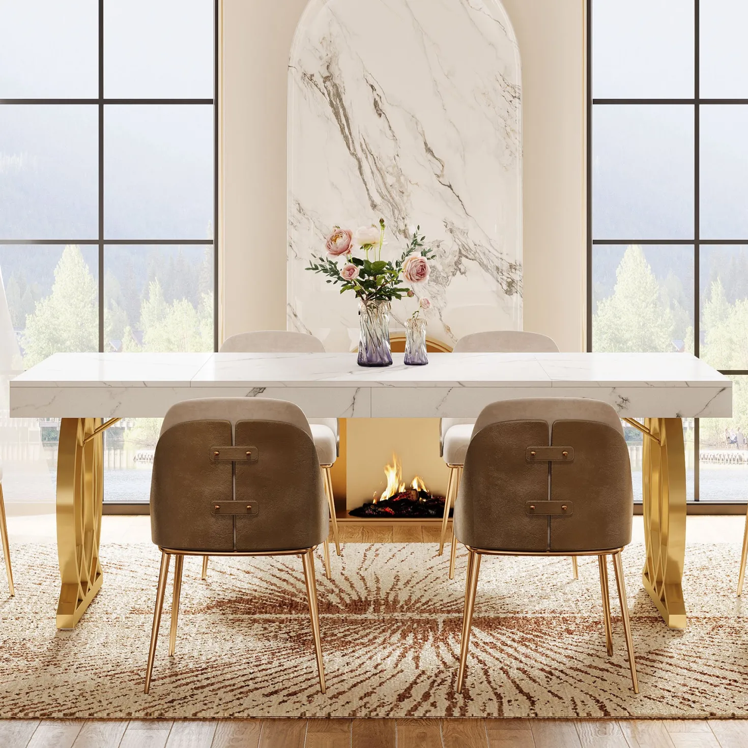 63" Dining Table, Modern Kitchen Table with Faux Marble Tabletop for 4-6